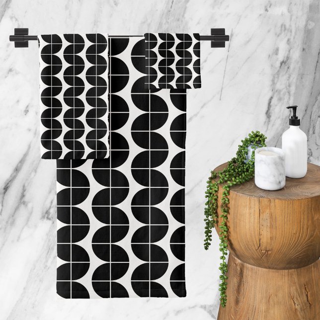 Schwarz/Weiß Mitte Jahrhundert Modernes Abstrakt Badhandtuch Set (Black & White Mid Century Modern Abstract Pattern Bath Towel Set)