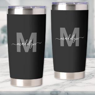 Schwarz Weiß Modern Name Monogramm Thermobecher