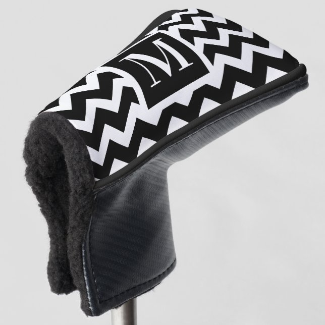 Schwarz-Weiß-Modern-Zickzack Monogramm Golf Headcover (3/4 Vorderseite)