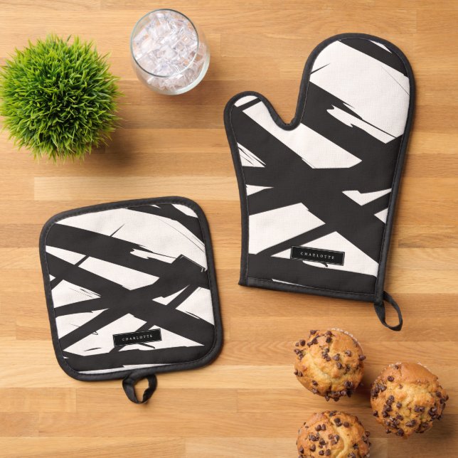 Schwarz-Weiß-Moderne Abstrakte Kunstlinie dekorier Ofenhandschuh & Topflappen-Set (Oben Unten)