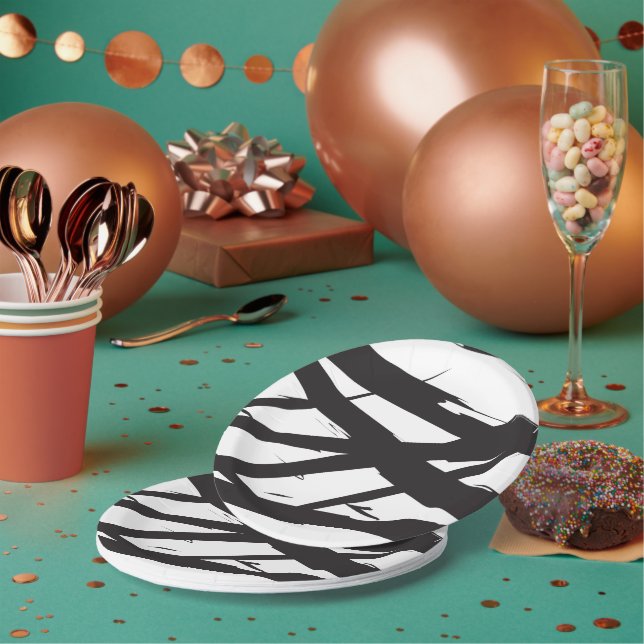 Schwarz-Weiß-Moderne Abstrakte Kunstlinie dekorier Pappteller (Multi)