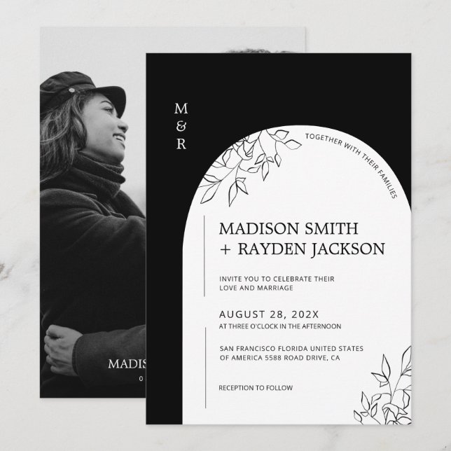 Schwarz-Weiß-Moderne einfache Bogenhochzeit Einladung (Vorne/Hinten)