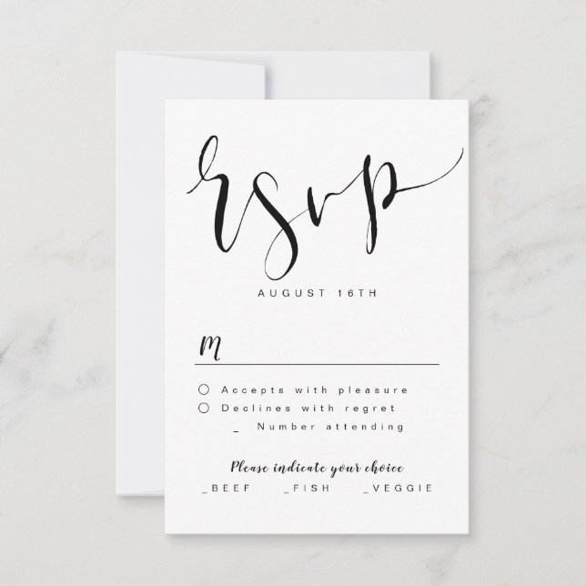 Schwarz-Weiß-Moderne einfache Script-Hochzeit RSVP (Vorderseite)