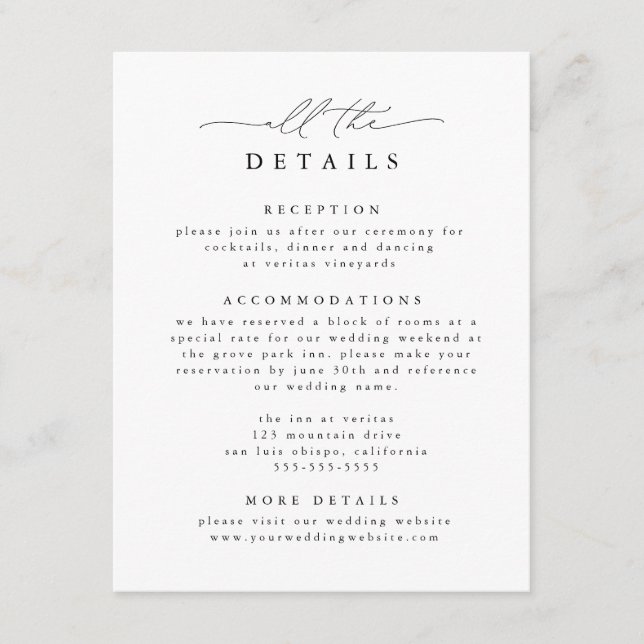 Schwarz-Weiß-Moderne Elegante Hochzeitsdetails Begleitkarte (Vorderseite)