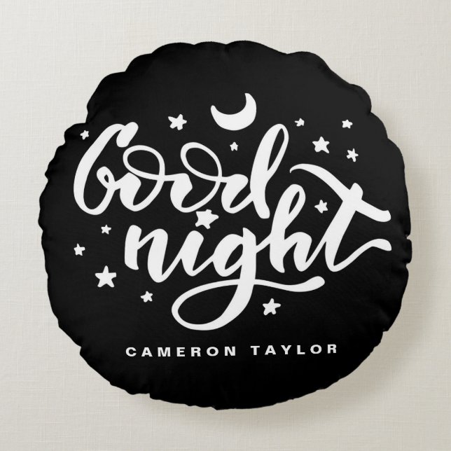 Schwarz-Weiß-Moderne Kalligrafie Gute Nacht Rundes Kissen (Vorderseite)