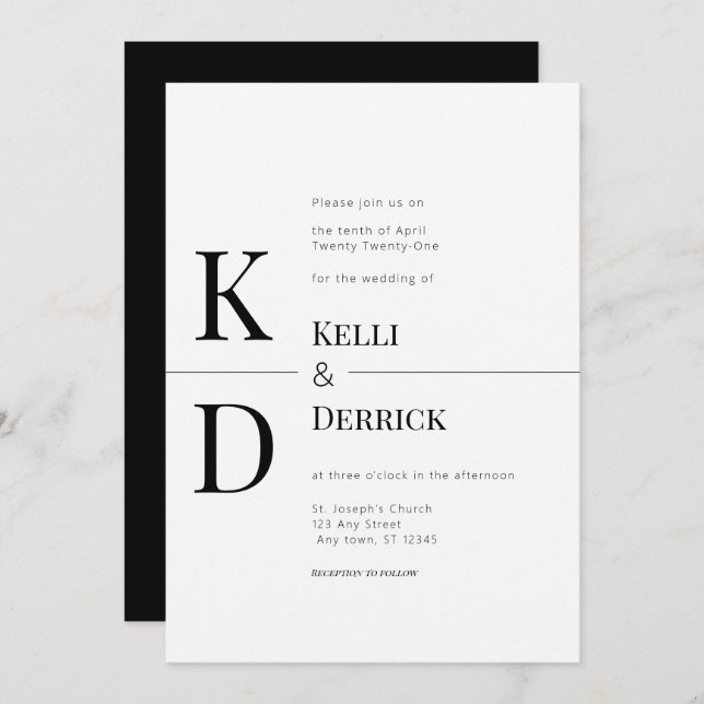 Schwarz-Weiß-Moderne Monogramm-Hochzeit Einladung (Vorne/Hinten)