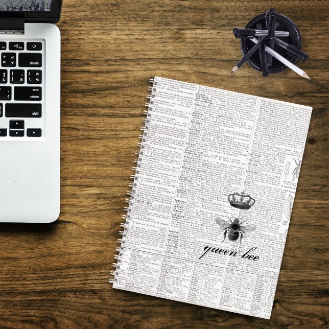 Schwarz-Weiß-Moderne Vintage Königin-Biene 🐝 Notizbuch (Black and White Modern Vintage Queen Bee 🐝 Notebook)