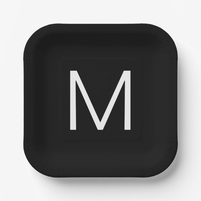 Schwarz/Weiß Moderner Minimalistischer Brief Pappteller (Vorderseite)