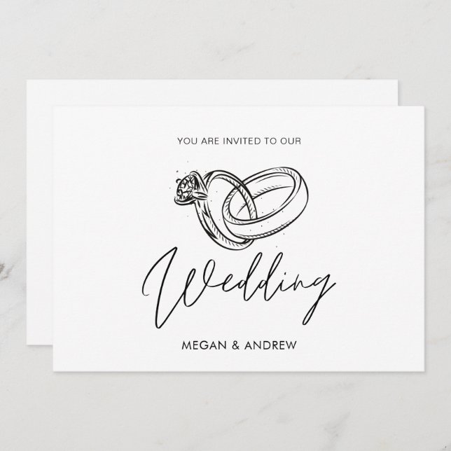 Schwarz-Weiß Moderner Minimalistischer Ehering Einladung (Vorne/Hinten)