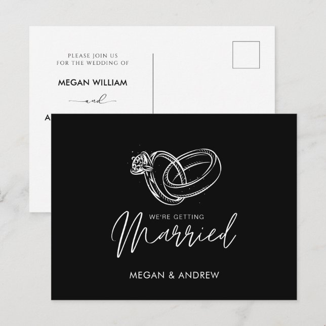 Schwarz-Weiß Moderner Minimalistischer Ehering Postkarte (Vorne/Hinten)