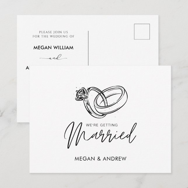 Schwarz-Weiß Moderner Minimalistischer Ehering Postkarte (Vorne/Hinten)