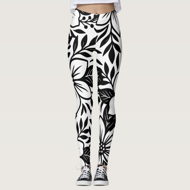 Schwarz-weiß Modernes Flora Elegantes Tropisches G Leggings (Vorderseite)