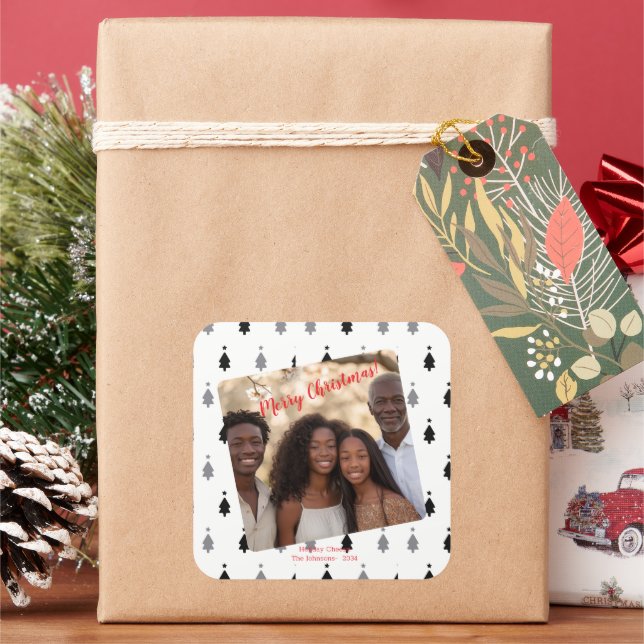 Schwarz-weiß Modernes Foto für die Weihnachtszeit Quadratischer Aufkleber (Feiertag)