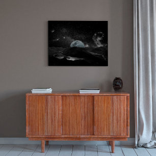 Schwarz-weiß-Mond-Nachthimmel-Berggalaxie Poster