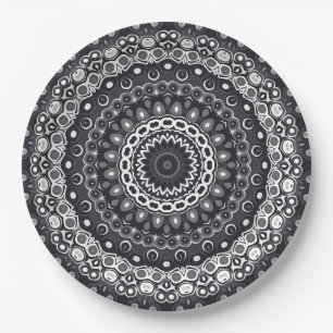 Schwarz-Weiß-Monochromes Mandala-Muster Pappteller