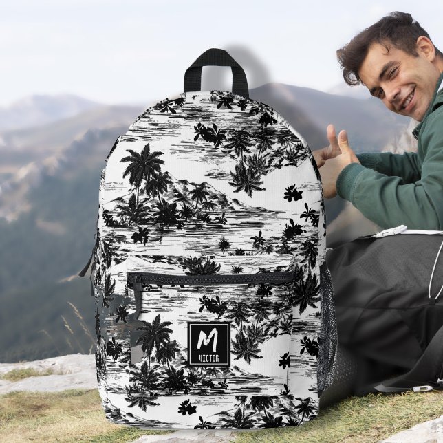Schwarz-Weiß-Monogramm auf der tropischen Hawaiian Bedruckter Rucksack (Tropical hawaii island minimal in black and white hand drawing, monogram printed backpack, gift idea)