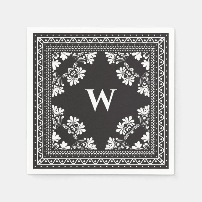 Schwarz-Weiß-Monogramm-Bandanna-Muster Serviette (Vorderseite)