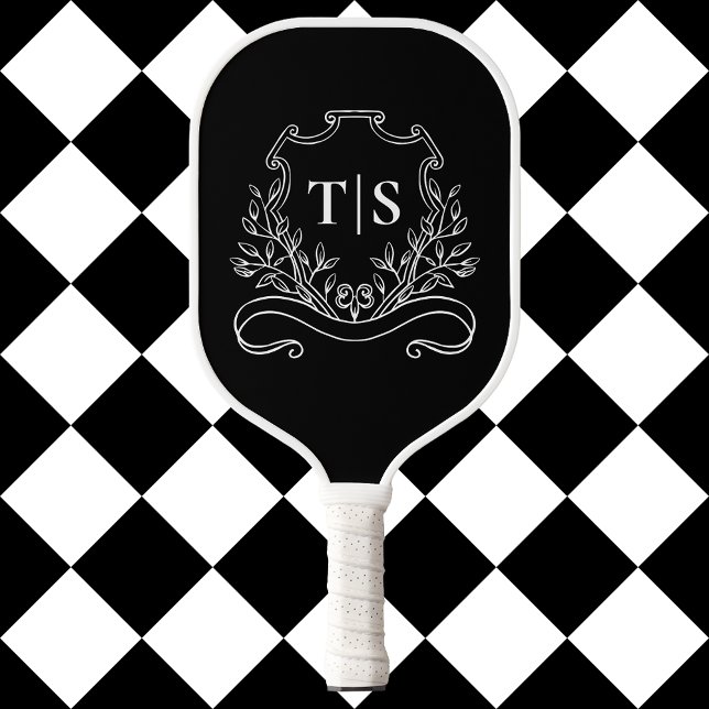 Schwarz-Weiß-Monogramm Classic Crest Pickleball Schläger (Black & White Monogram Classic Crest Pickleball Paddle)
