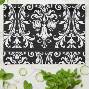 Schwarz Weiß Monogramm Florales Wirbeln Damast Geschirrtuch
