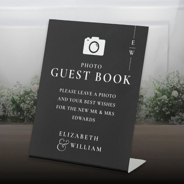 Schwarz-Weiß-Monogramm-Foto-Gästebuch Sockelschild (Black And White Monogram Photo Guest Book Wedding Pedestal Sign)