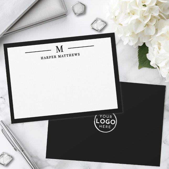 Schwarz-Weiß-Monogramm Geschäftlich Mitteilungskarte (Black White Monogram Business Note Card )