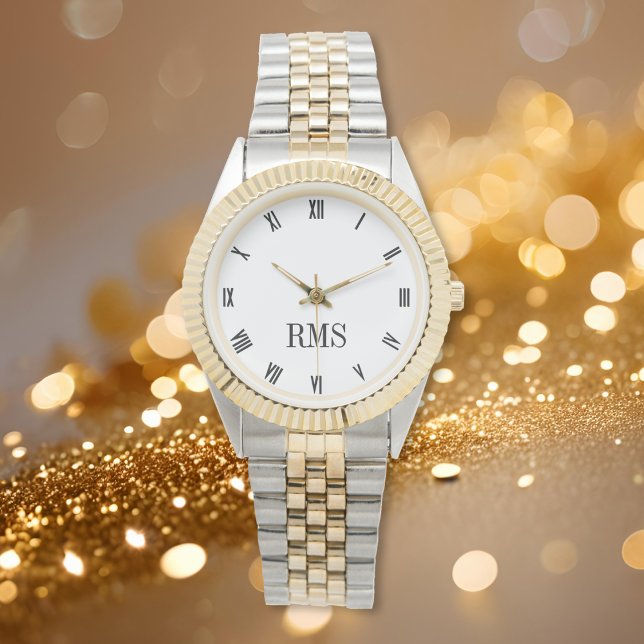 Schwarz-Weiß-Monogramm-Gold-Silbertrampel Armbanduhr (Black and White Monogram Gold Silver Tone Bracelet Watch)
