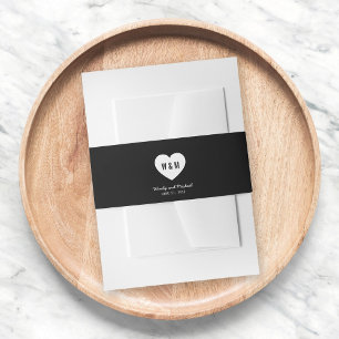 Schwarz-Weiß-Monogramm-Herz-Hochzeit Einladungsbanderole
