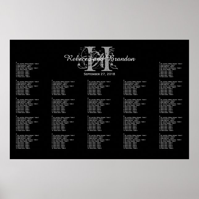 Schwarz-Weiß-Monogramm-Hochzeitstabelle Poster (Vorne)