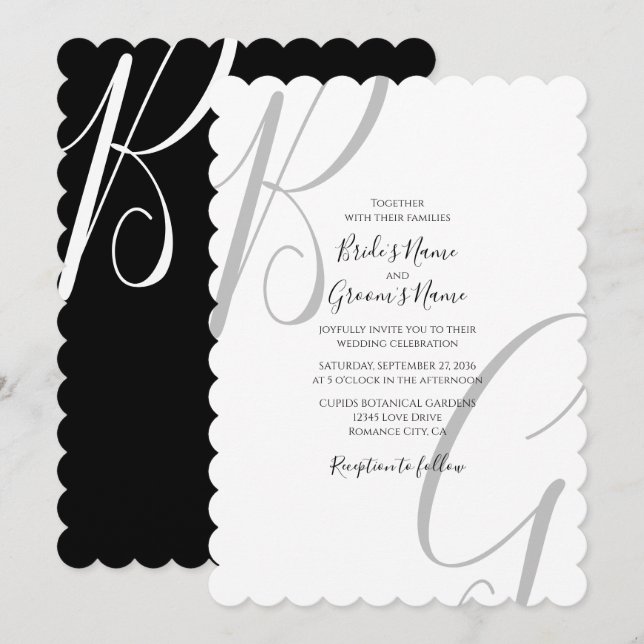 Schwarz-Weiß-Monogramm-Initialen Hochzeit Einladung (Vorne/Hinten)