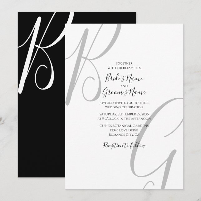Schwarz-Weiß-Monogramm-Initialen Hochzeit Einladung (Vorne/Hinten)
