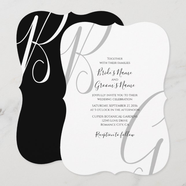 Schwarz-Weiß-Monogramm-Initialen Hochzeit Einladung (Vorne/Hinten)