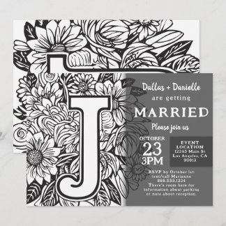 Schwarz-weiß Monogramm J Tattoo Blumen Hochzeit Einladung