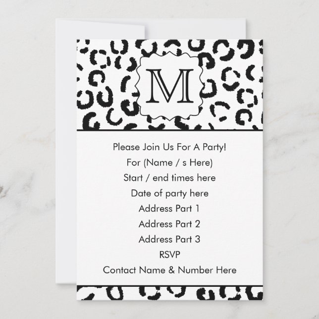 Schwarz-Weiß-Monogramm Leopard Print. Einladung (Vorderseite)