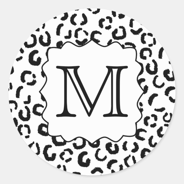 Schwarz-Weiß-Monogramm Leopard Print. Runder Aufkleber (Vorderseite)