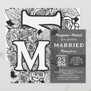 Schwarz-weiß Monogramm M Tattoo Blumen Hochzeit Einladung