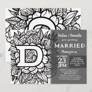 Schwarz-weiß Monogramm-Tätowierblumen Hochzeit Einladung