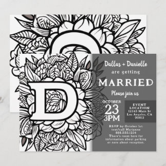 Schwarz-weiß Monogramm-Tätowierblumen Hochzeit Einladung