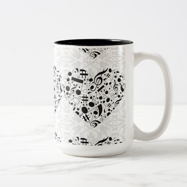 Schwarz-Weiß-Musiknoten Tasse Herzkaffee (Rechts)
