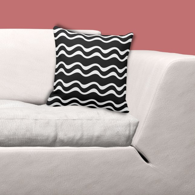 Schwarz-Weiß-Muster für die waagerechte Linie - wi Kissen (Regular White Ripple Pattern, Black Pillow, custom color possible)