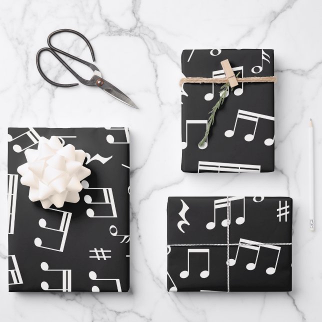 Schwarz-Weiß-Muster für Musiknoten Geschenkpapier Set (Vorderseite)