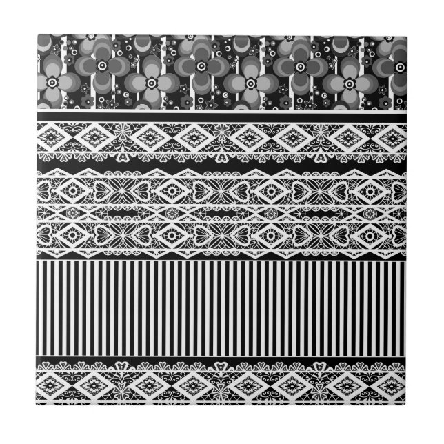 Schwarz-Weiß-Muster mit Spitzen und Patchwork Fliese (Vorderseite)