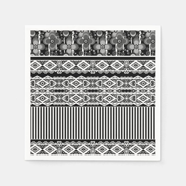 Schwarz-Weiß-Muster mit Spitzen und Patchwork Serviette (Vorderseite)