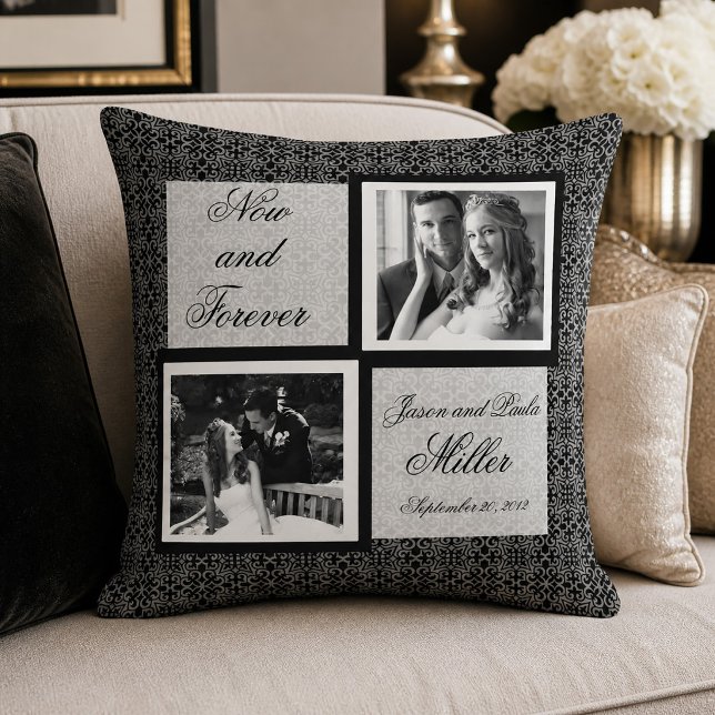 Schwarz-Weiß-Muster-Pillow Kissen (Black and White Damask Wedding Photo Throw Pillow)