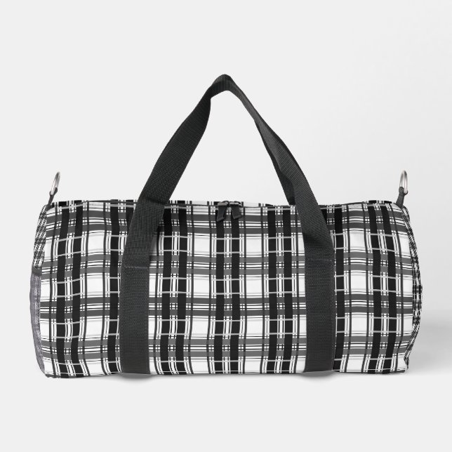 Schwarz-Weiß-Muster Tartan-Geometrie überprüft Duffle Bag (Rückseite)
