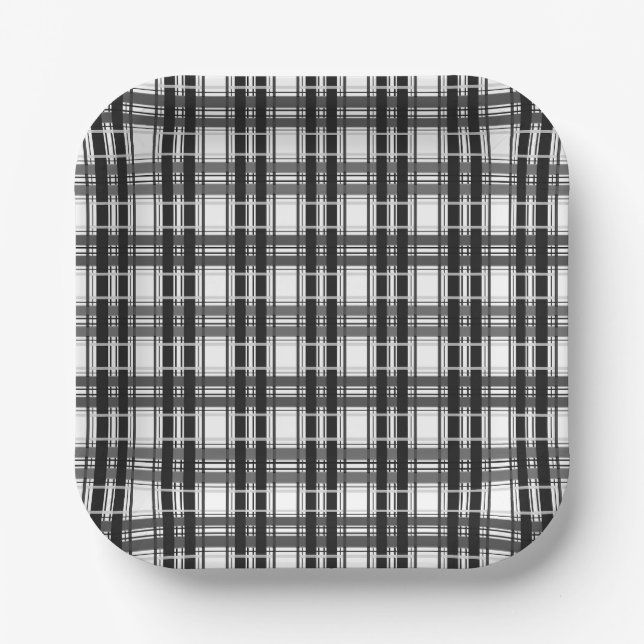 Schwarz-Weiß-Muster Tartan-Geometrie überprüft Pappteller (Vorderseite)
