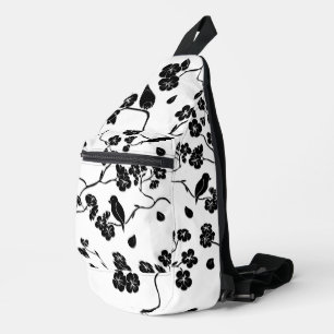 Schwarz-Weiß-Muster Vögel auf Kirschblüten Crossbody Bag