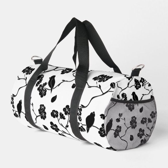 Schwarz-Weiß-Muster Vögel auf Kirschblüten Duffle Bag (Rechte Ecke)