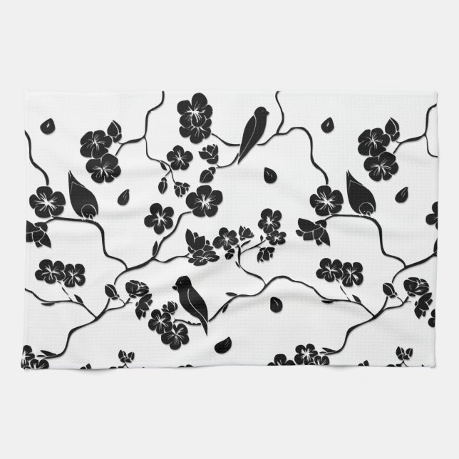 Schwarz-Weiß-Muster Vögel auf Kirschblüten Geschirrtuch (Horizontal)