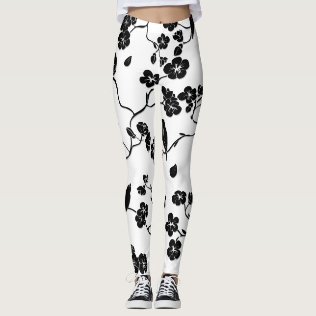 Schwarz-Weiß-Muster Vögel auf Kirschblüten Leggings (Vorderseite)
