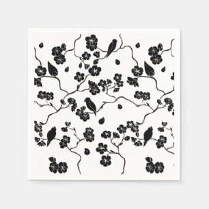 Schwarz-Weiß-Muster Vögel auf Kirschblüten Serviette